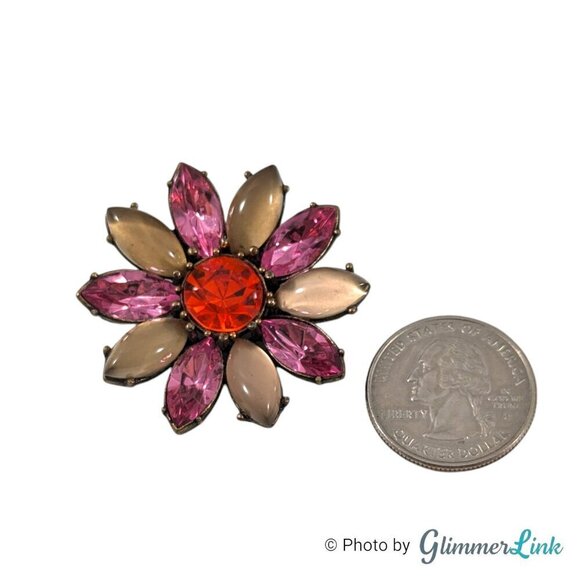 NWT Talbots Pink Red Tan Rhinestones Flower Brass Tone Brooch - Picture 4 of 8